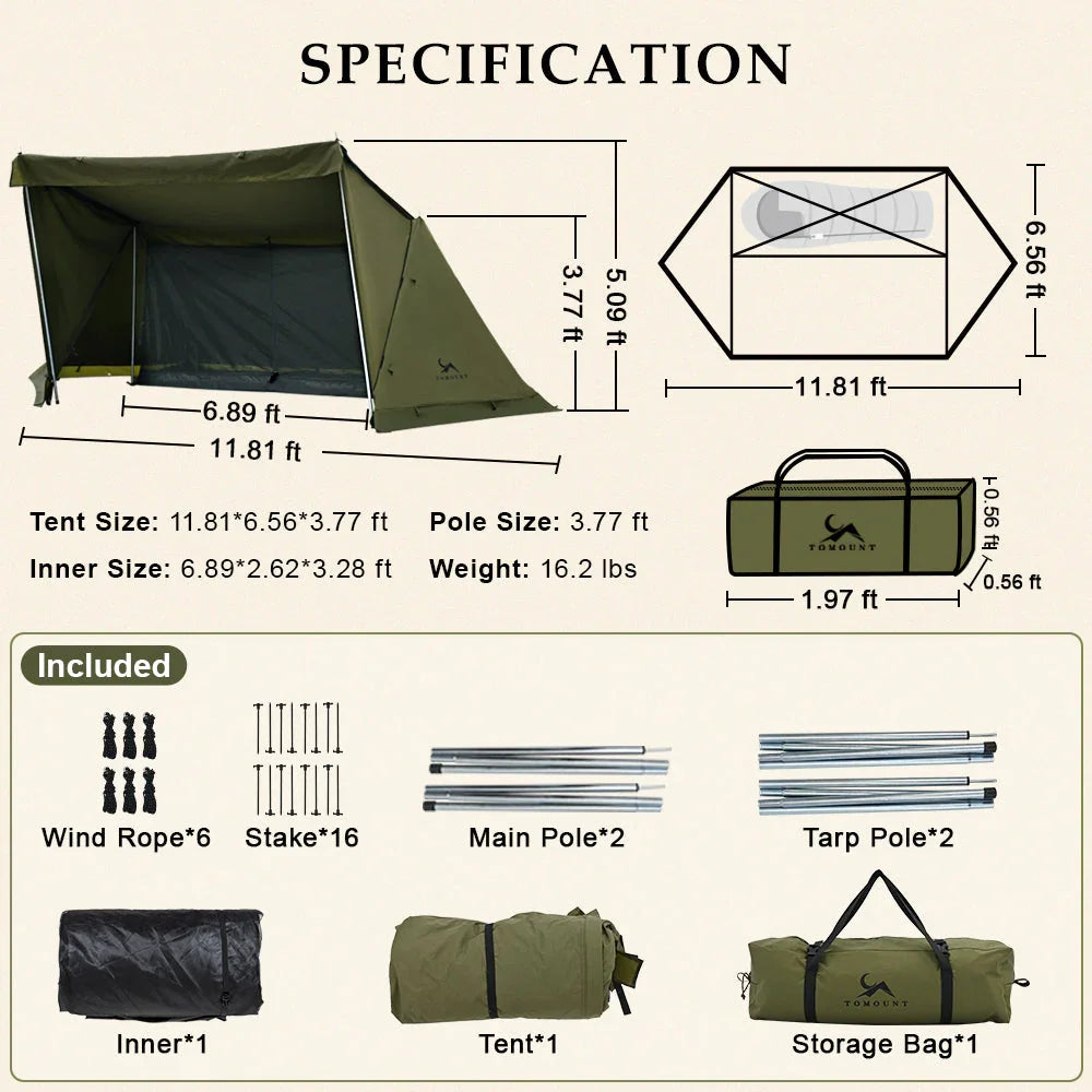 Green camping tent with detailed specifications, dimensions, and included accessories shown.