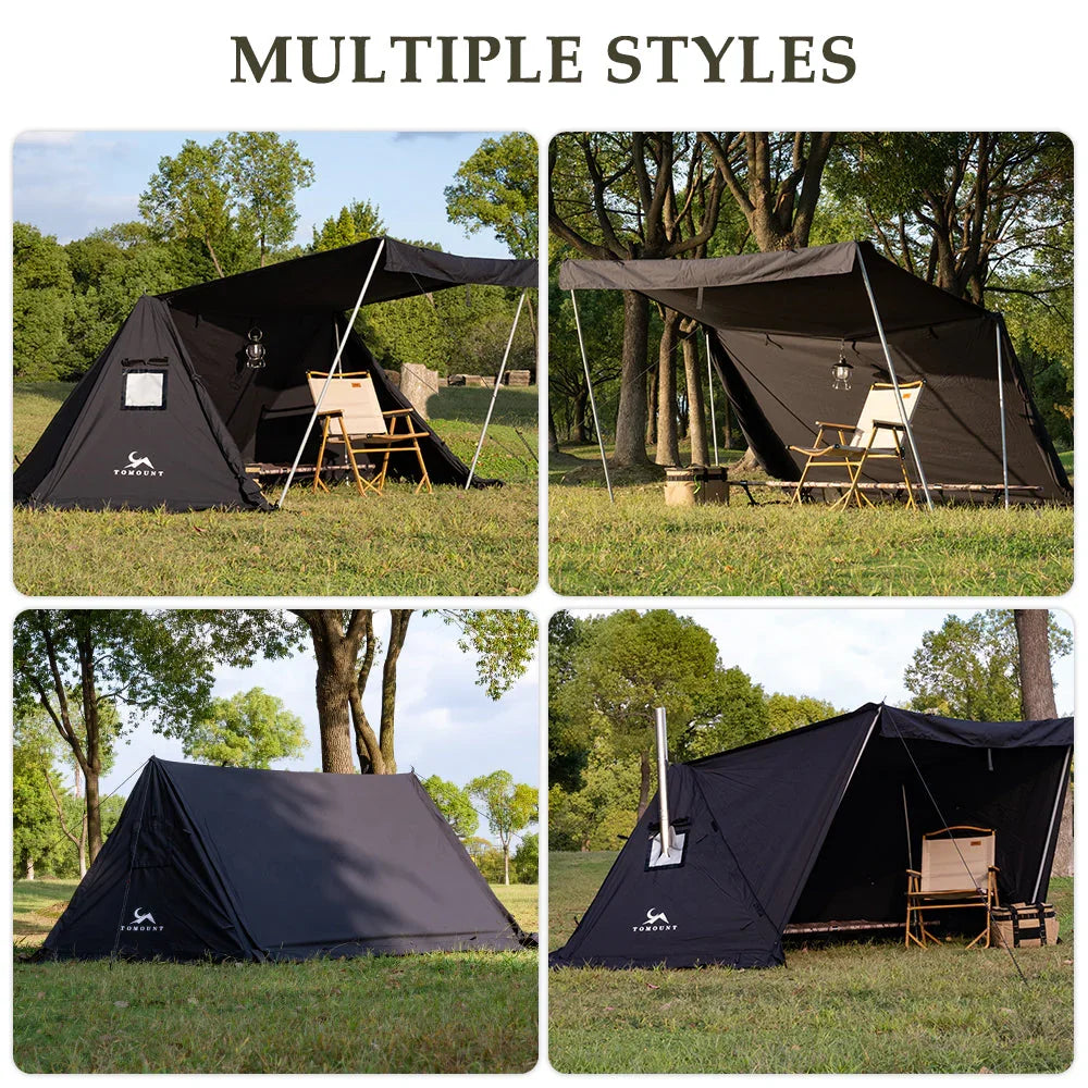 Black canvas tents with multiple setup styles shown outdoors, surrounded by grass and trees.