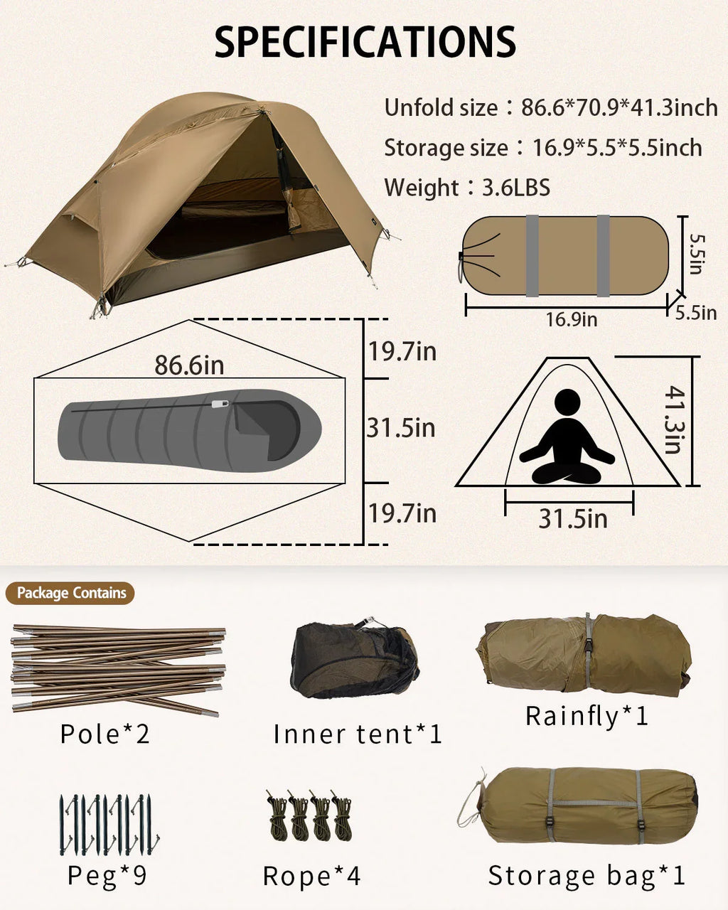 Lightweight brown camping tent with dimensions, pole, peg, rope, rainfly, and storage bag included.
