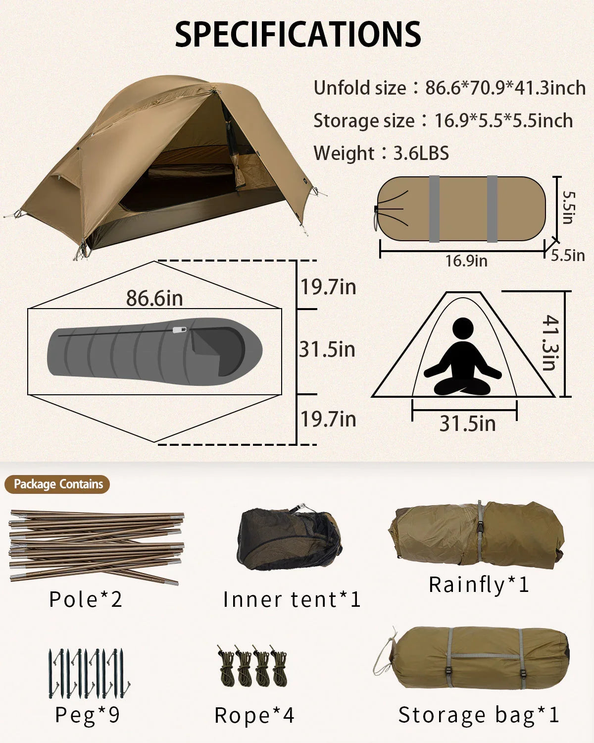 Lightweight brown camping tent with dimensions, pole, peg, rope, rainfly, and storage bag included.